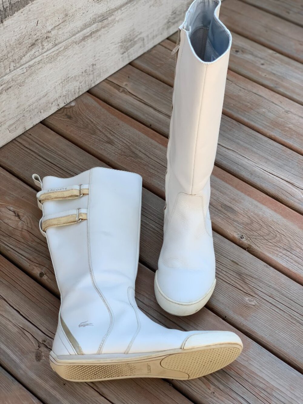 Vintage Lacoste White Leather Boots Womens 9 Side Zip Tall Gogo Retro Knee High